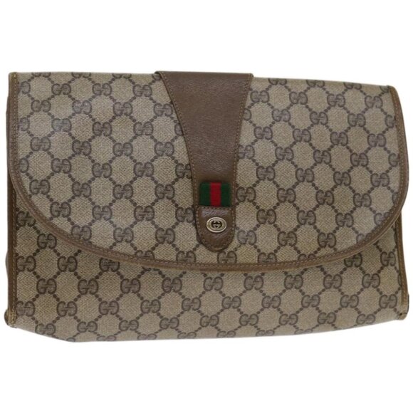 GUCCI GG Supreme Web Sherry Line Clutch Bag PVC Beige Red 89 01 031 Auth 67735 - Picture 1 of 15